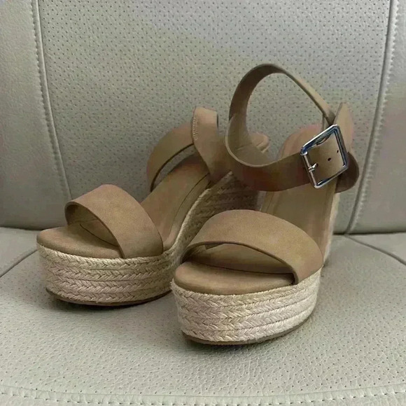 Tan Wedge Sandals with Ankle Strap - Picture 2 of 7